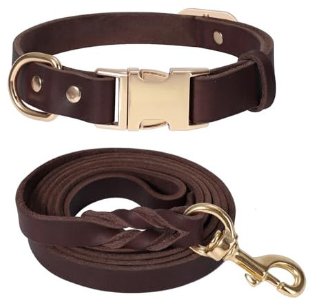 LWBMG Hundehalsband und Leine, Leder, strapazierfähig, mit Metallschnalle, verstellbare Hundeleine und Halsband, weiche Hundeleine und Halsband für große Hunde, 1,8 m, Braun