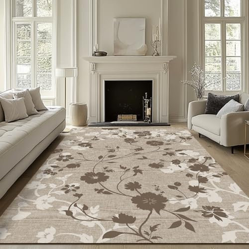 BSGIFT Tapis lavable, 140 x 200 cm, motif floral, vintage, à poils courts et antidérapant, pour salon, chambre à coucher, cuisine, salle à manger, salon - Tapis esthétique marron