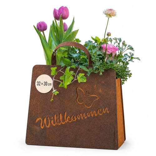 Der-Porzellan-Laden Gartendeko Rost - bepflanzbare Pflanztasche aus Metall mit Willkommen-Schriftzug & Schmetterling, Edelrost-Optik, für Garten Balkon Terrasse, 32 x 30 cm