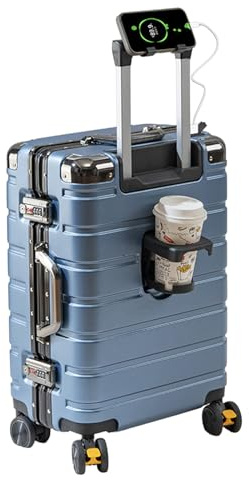 EclatVivid Valise rigide en polycarbonate avec cadenas TSA, chargeur USB, porte-gobelet, bleu, Carry-On 20-Inch, Classique