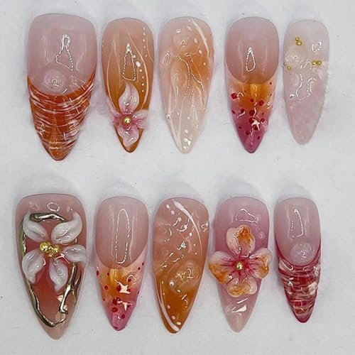 Cosmeria Press on Nails, 24pcs Handmade Medium Almond Fake Nails with 3D Flower Design, Glossy Spring Nails Reusable Summer False Nail for Women Girls Manicure