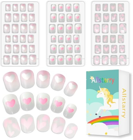 Allstarry 72pcs Kids Nails Press on Pre-glue Lovely Heart Fake Nails | 3 Pack Full Cover Gradually Changing Heart Pink Transparent Loving Hearts Short False Nail Kits Lovely Gift for Little Girls