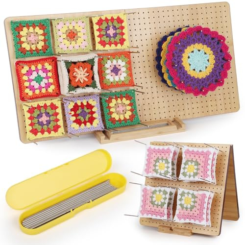 Aeelike Faltbar Granny Square Spanner 29cm,Große Crochet Blocking Board Bambus Sperrbrett Häkeln, Holz Blockierbrett Häkelbrett with 40 Edelstahl-Stabstiften für Strick- und Häkelprojekte