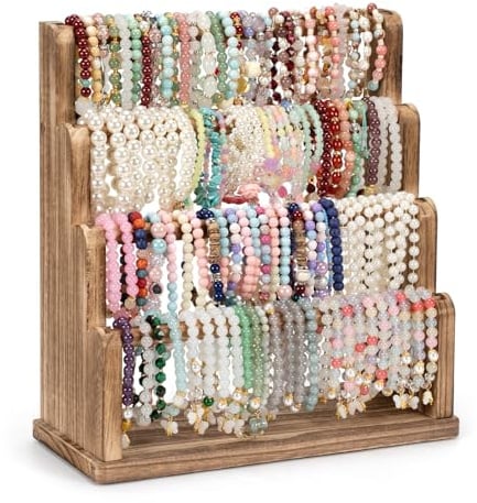 Emfogoo Armbandhalter, 4 Stufig Armband Ständer Aufbewahrung für Armbänder Bangles Watch Scrunchies, Holz Armbänder Halterung Display für Haus, Verkäufer, Craft Shows und Store(Rustikal Braun)