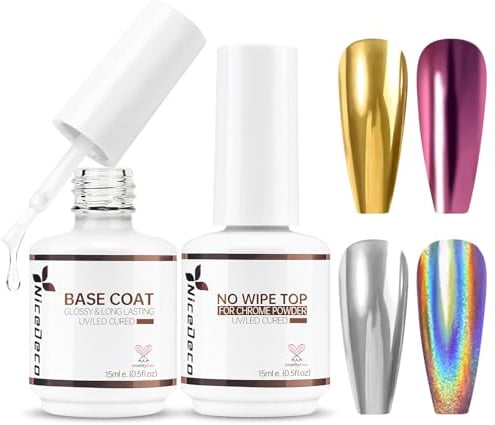 Nicedeco 2 x 15ML Base Top Coat pour Poudre Chrome Ongle Vernis Gel Couche Finition Brillant Miroir Métal Soak Off UV LED Longue Durée Manucure