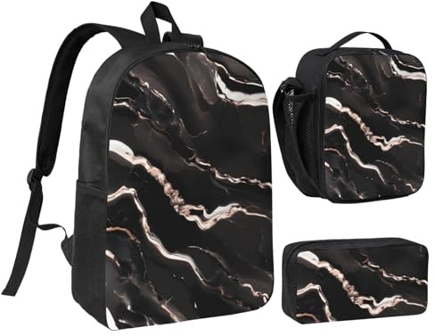 LXqlSS Black rose gold Marble print Backpack Bookbag for Daily Use,3 Pcs Backpack Set with Lunch Box and Pencil Case