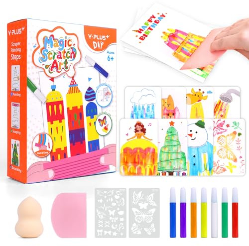 YPLUS Magic Scratch Art Set für Kinder ab 3-12, Kratz- & Rubbelbilder | 18 Kratzpostkarten 4 Rubbelbilder, 7 Stifte Schaber Sticker, Reise Geschenk
