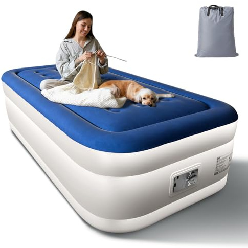 Bonnlo Single Air Bed,Inflatable Camping Air Mattress with Built-in Electric Pump,190x99x45cm Flocked Surface, UK Plug, 100kg Capacity for Outdoor Camping & Guest Use (Blue/White)