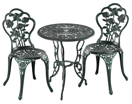 Relaxdays Gartenmöbel Set, 3-teilig, Tisch & 2 Stühle, Vintage Balkonmöbel, Aluguss, Garten Sitzgruppe, schwarz/grün