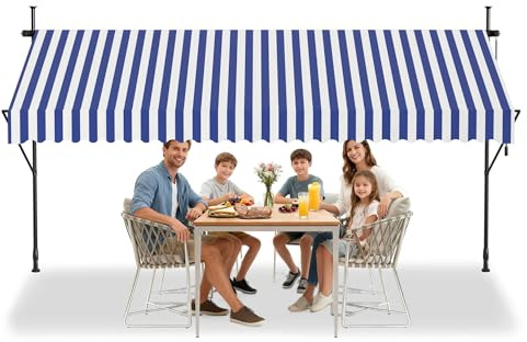 YRHome Klemmmarkise Markise Balkon mit Handkurbel 200cm breit- Balkonmarkise ohne Bohren Höhenverstellbar, Sonnenschutz, wasserdicht Blau-weiß 350cm