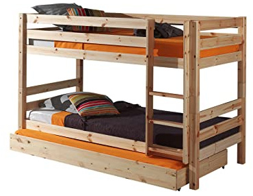 FURNLUX Pino Etagenbett, 90x200 cm Schlafbereich, Kiefer Massiv, Beige, mit Schublade, Umkehrbare Leiter, Lattenrost Inklusive, 106x210x140 cm
