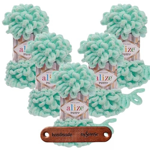 ALIZE 5 x 100g Puffy 19 Light Turquoise Premium Wolle Bulky Schlaufengarn Fingerstrickgarn kuschelweich für Decken, Kissen und Wohnaccessoires stricken ohne Nadeln mit mySearose Label