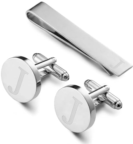 Gemelos para hombre y set de clip de corbata, gemelos personalizados para boda, banquete, ceremonia, negocio (plata-J)