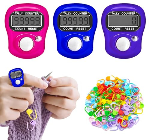 Stalora Fingerzähler Set - 3 Stück Digitale Reihenzähler zum Stricken & Häkeln + 100 Stück Maschenmarkierer, Elektronischer Zählring mit LCD-Display für Reihen, Punkte, Runden - Handarbeit