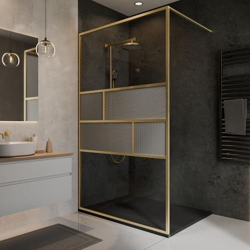 Walk In Dusche 140x200 cm Gold Matt – Duschabtrennung ESG Glas 6 mm, Glasdekor Carvella, vollgerahmt, inkl. Stabilisationsbügel – ALEXA STYLE 2.0