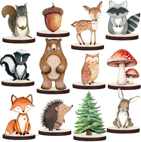 Tazuxetuqe 12 Stücke Bemalte Waldtiere Holz Tischdekoration Ausschnitte Formen Wald Babyfeier Dekorationen Wildlebende Wesen Holz Tischüberzug für Wald Camp Party