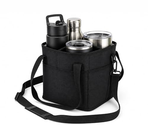 Tastetreasure 4 Compartment Insulated Drink Carrier Bag, Black Nylon Reusable Beverage Tote with Adjustable Shoulder Strap and Front Pocket, Anti-Spill Cup Holder Bag for Travel Picnic and Car