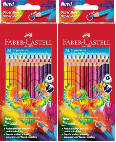 Faber-Castell 116544 - Buntstifte Set Dreikantform, 24 Farbstifte für Kinder und Erwachsene, bruchgeschützte Mine (Packung mit 2)