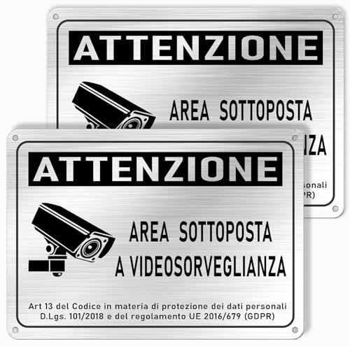Longivia 2 PEZZI Cartello Area Videosorvegliata in Alluminio Spazzolato 22cm x 15cm Spessore 1mm con Adesivo e 4 Fori| Elegante per esterno | Conforme GDPR per Telecamere di Videosorveglianza