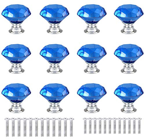 ANJUU 12 Pcs 30mm Diamond Shape Crystal Glass Cabinet Knobs with Screws Drawer Knob Pull Handle Used for Kitchen, Dresser, Door, Cupboard (Blue)