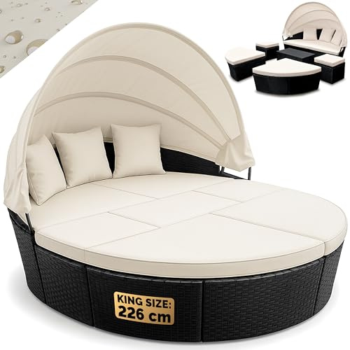 CASARIA® 226cm Garden Sun Island Lounger Set with Folding Roof Canopy & Table | Weatherproof Polyrattan 2 Person Relax Sunlounger Furniture | Outdoor Balcony Patio Deck | Black/Cream