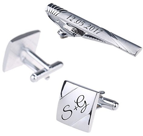 aplusashop ID Krawattennadel + Manschettenknöpfe mit Gravur nach Wunsch Edelstahl Hochzeit Model 2 (Mit Gravur)