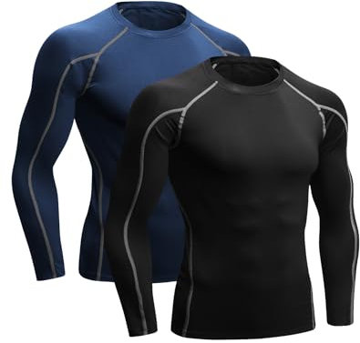 Niksa 2er Pack Herren Kompressionsshirt Funktionsshirt Langarm Sportshirt Fitnessshirt Männer Atmungsaktiv Laufshirt für Running Jogging Gym Schwarz,blau,XXL
