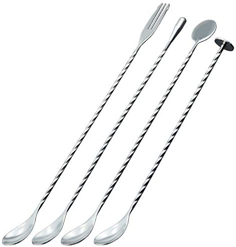 JETKONG 4 Stück Barlöffel, Cocktail-Rührlöffel, 30,5 cm, Bar-Rührlöffel, Edelstahl, Cocktail-Rührer, langer Griff, Getränk-Rührer, Cocktail-Löffel