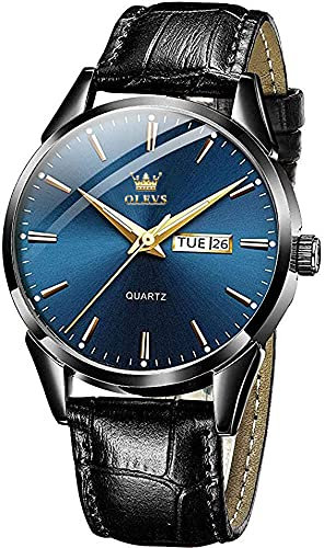 OLEVS Men Watch Black Leather Strap Large Blue Face Analog Quartz Classic Dress Date Luminous Waterproof Gents Wrist Watch