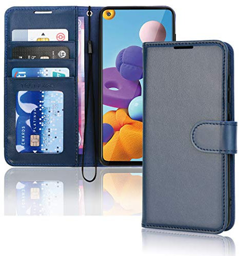 TECHGEAR Galaxy A21s Leather Wallet Case, Flip Protective Case Cover with Wallet Card Holder, Stand and Wrist Strap - Navy Blue PU Leather with Magnetic Closure Designed For Samsung Galaxy A21s