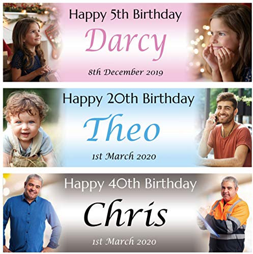 2 personalisierte Geburtstagsbanner für Kinder, Babys, Erwachsene, Kinder, Party, ca. 30 x 90 cm, Dekoration zum 1., 2., 18., 21., 30., 40., 50., 60., 70., 80. Geburtstag