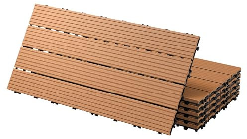 ECD Germany WPC Terrassenfliesen 60x30 cm/12 Stück=2m², Hellbraun, geriffelt, Holzoptik, Bodenbelag mit Klicksystem und Drainage, Terrassendielen Balkonfliesen, Klickfliesen für Terrasse Garten Balkon