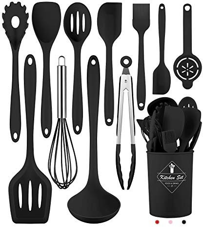 Pranski Silikon-Küchenutensilien-Set, 12-teilig, BPA-frei, Spülmaschinenfest, Antihaft-Kochgeschirr, Schwarz, Groß, Kochutensilien-Set, Küchenhelfer, Kochen
