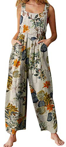Carolilly Tuta Donna Estiva Salopette Donna Elegante Tuta Intera Jumpsuit Casual Senza Maniche Cotone e Lino Overall Pantaloni Larghi con Tasche per Spiaggia Vacanza (Giallo, S)
