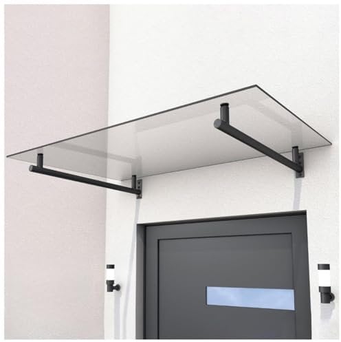 HORI Vordach für Haustür - Eingangstür Überdachung UV-Schutz - Sicherheitsglas Edelstahl Träger Silber - Pultvordach Eingangsbereich - Sonnenschutz wetterfest pflegeleicht - Silber 140 x 80 cm