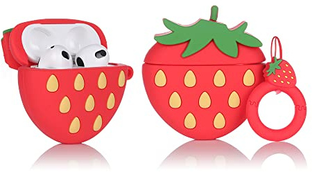 Derhom Silikon Niedliche Lustige Abdeckung Kompatibel mit Apple Airpods 3[Fruchtserie] (3D Erdbeere)