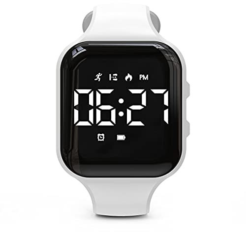 Focwony Non-bluetooth Led Fitness tracker watch,Digital Pedometer watch,with Step Counting/Distance/Calories/Stopwatch/Alarm Clock, Great Gift for Kids Teens Girls Boys Xmas (Square - white)
