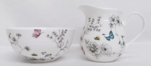 Rainbow Decors Secret Garden Cream/Milk Jug and Sugar Bowl Fine Bone China Flowers Butterflies & Bees Matching Set Hand Decorated in UK, Grey
