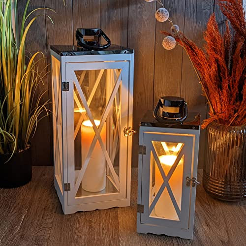 2tlg. Laternen-Set mit Metalldach H52/34cm Weiß/Schwarz - Windlicht Holzlaterne Laterne Dekolaterne Kerzenhalter Gartenlaterne Gartenleuchte Stahllaterne
