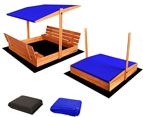 Ladanas® Sandkasten aus Holz mit Dach BLAU & wetterfester Tarpaulin Abdeckung - Sandkiste 140 x 140 cm. mit UV 50 Sonnenschutz & Faltbare Bank - Sandkästen rechteckig überdacht für Kinder