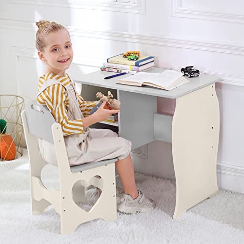Kids Desk and Chair Set Wooden Study Desk with Storage Shelves for Boys, Girils Writing Reading | Childrens Table and Chair Set for Bedroom Furniture Playroom, Nursery, Gift for Ages 3-8 (Beige,Gray)