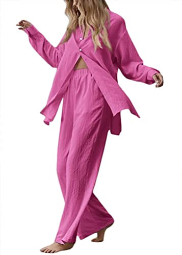 Onsoyours Tuta Estiva Casual da Donna Completo Sportivo in Due Pezzi Lino Maglia a Manica Lunga + Pantaloni Lunghi Abbigliamento Elegante Casual D Rosa Rossa XXL