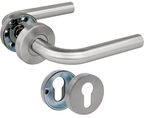 Amig - Juego de Manillas con Roseta para Puertas - Mod. 4RBX - 135 x Ø19 mm - Cuadradillo de 8 mm - Diseño Elegante y Sencillo - Acero inoxidable Plateado Mate