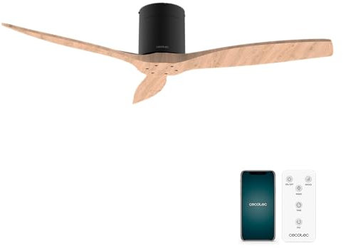 Cecotec Ventilador de Techo EnergySilence Aero 5500 Aqua Black&LightWood Connected. 40W, Motor DC, Diámetro 132cm, Bajo Consumo, Wifi, Mando, Exteriores, Temporizador, Verano e invierno