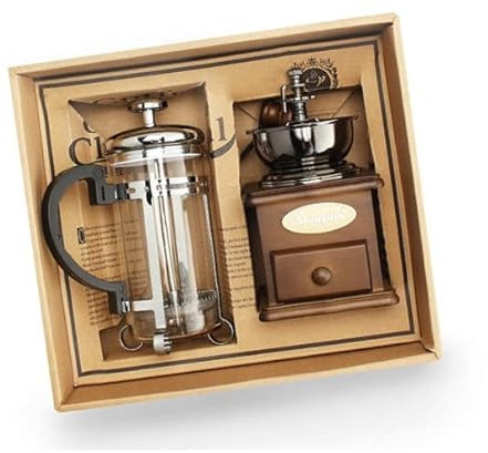 Hand Coffee Bean Grinder and Cafetiere Plundger Gift Set, Vintage Retro Classic Manual Grinder for Coffee Lovers, Espresso,Gift/Present for Birthday, Anniversary, Fathers Day