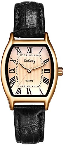 JewelryWe Uhren Damen Analog Quarz Armbanduhr Retro Römische Ziffern Weinfass Rechteckig Leder Armband Beiläufige Uhr für Frauen Mädchen Schwarz