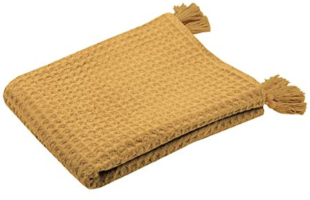 SCHÖNER LEBEN. Plaid Decke aus Baumwolle mit Quasten und eingewebte Pünktchen senfgelb 125x150cm