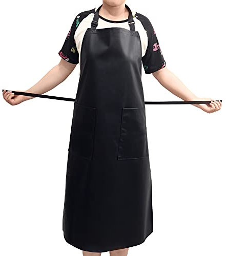 Delantales Impermeables Ajustables Delantal de Cocina con 2 Bolsillos Delantale PU para Mujeres y Hombres, Resistente al agua y al aceite para cocina, restaurante, jardín y barbacoa (Negro -1piezas)