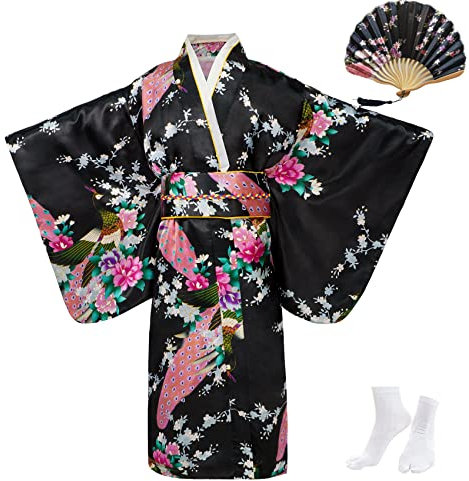 KRUIHAN Fille Kimono Vêtements Traditionnelle Japonaise pour Enfants,Robe Yukata en Satin,Robes de Spectacle de Fête,Ensemble de Costume de Cosplay avec Éventail Pliant et Chaussettes Tabi,Noir,140