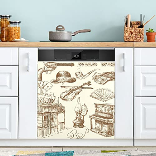 Handgezeichnete Wild West Collection Geschirrspüler-Magnetabdeckung, Kühlschrank-Panel, Aufkleber für Schrank, Küche, Waschküche, Geschenk, 68 x 66 cm